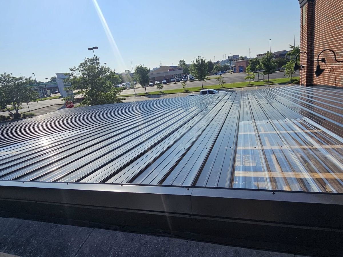 Metal panel roof on a commercial building, with clear panels along one side.